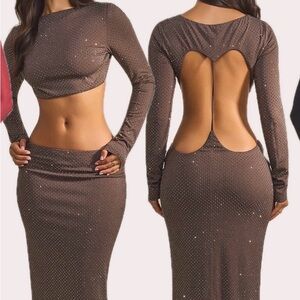 Open-Back Long Sleeve Brown Rhinestone Bodycon Dress